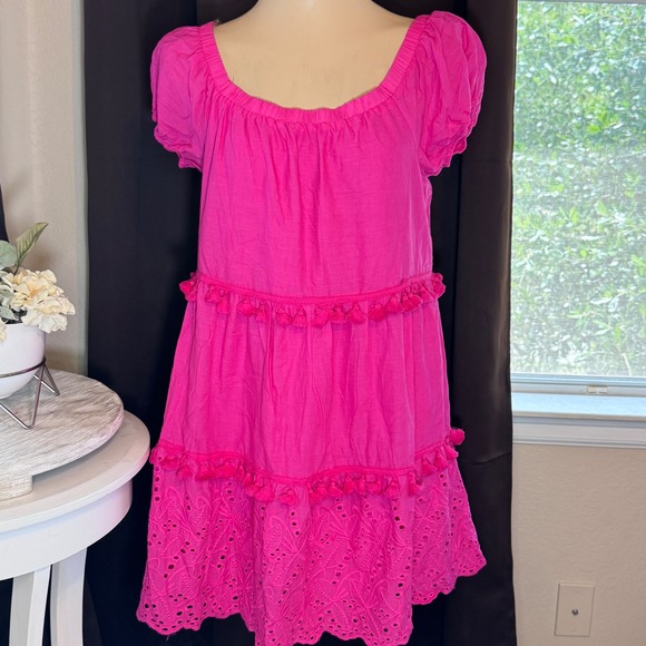 Sweet Lovely By Jen Dresses & Skirts - Sweet Lovely by Jen Hot Pink Tassel Tiered Eyelet Lace Mini Dress Womens Large